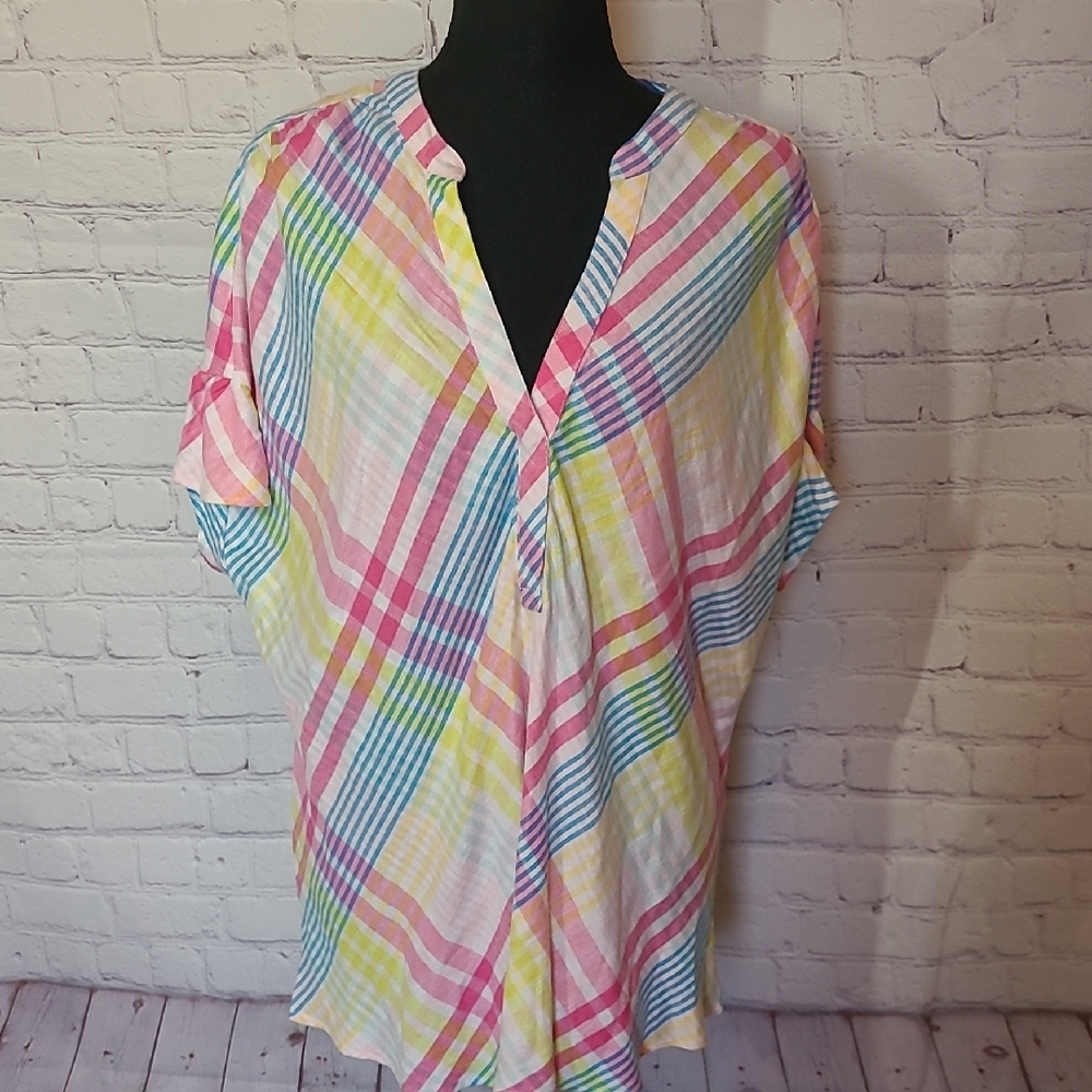 New Large Linen Blend Pastel Plaid Flutter Sleeve Blouse Spring Summer